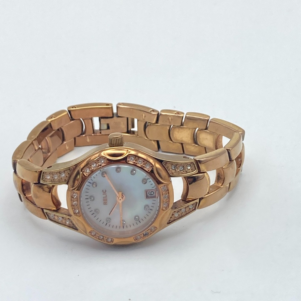 Relic Women's Watch 25mm Rose Gold Crystals MOP Date Bling New Battery TINY 5.5"